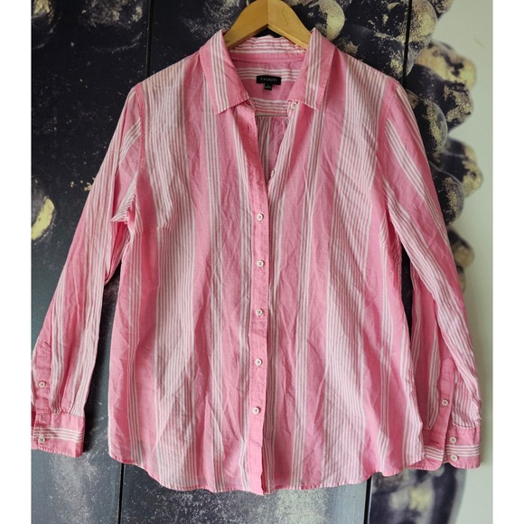 Talbots Women's L Pink & White Striped 100% Cotton Long Sleeve Button Down Shirt - Picture 1 of 7